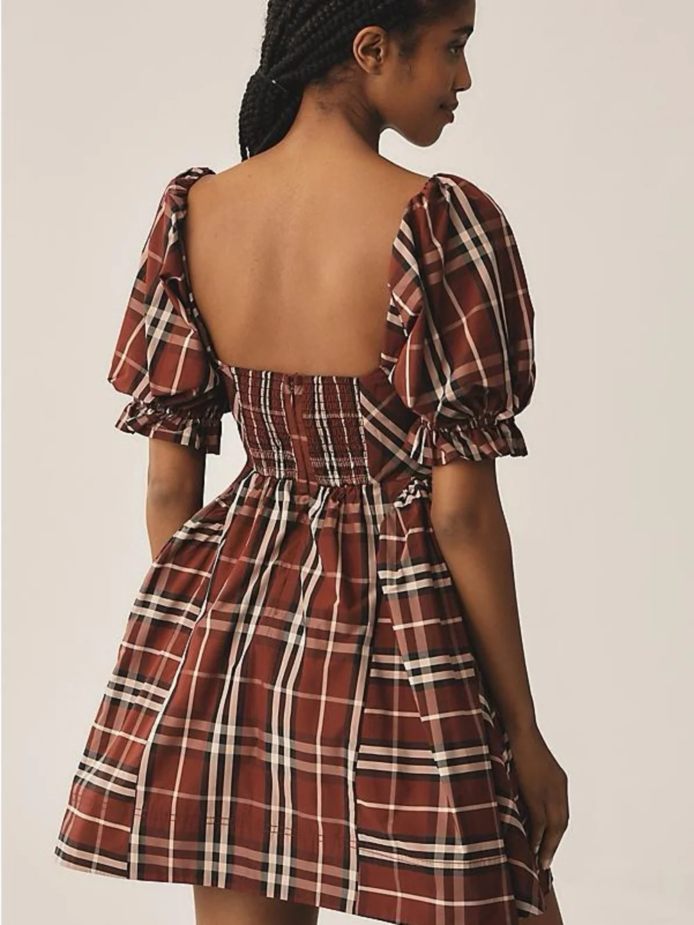 Anthropologie Mauve Burgandy tartan plaid puff sleeve mini dress  sz  Med NWT - Picture 2 of 10